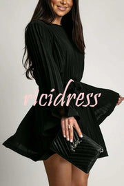 Fashion Bell Sleeve Loose Waist Tie Pleated Mini Dress