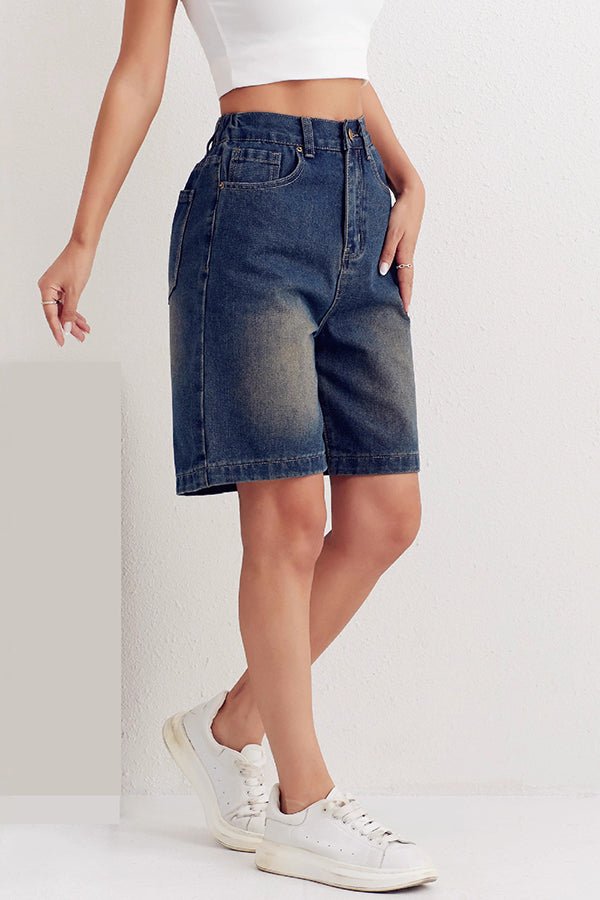 Fashionable Back Elastic Waist Pocket Casual Denim Shorts