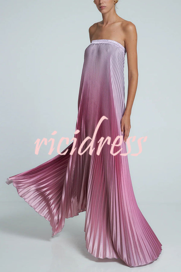 Gorgeous Styling Satin Pleated Elastic Bust Strapless A-line Gown Maxi Dress