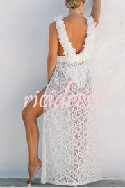 Swimsuit Partner Floral Lace Elastic Waist Back Ruffles Slit Vacation Dress