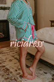Merry and Bright Satin Striped Color-block Trim Loose Shirt and Elastic Waist Pocket Pajama Set