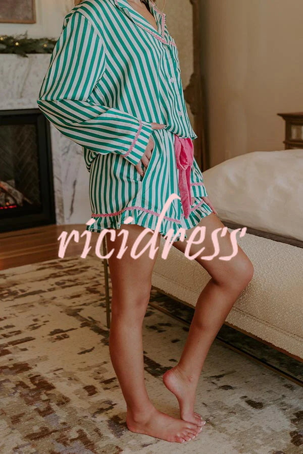 Merry and Bright Satin Striped Color-block Trim Loose Shirt and Elastic Waist Pocket Pajama Set