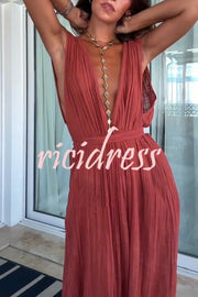 Resort Style V-neck Tie Pleated Casual Jumpsuit