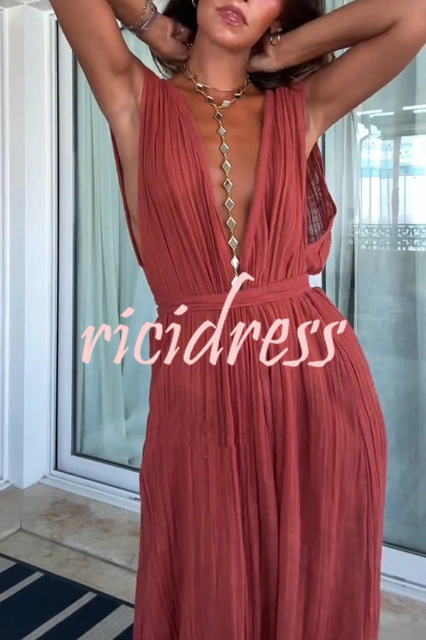 Resort Style V-neck Tie Pleated Casual Jumpsuit