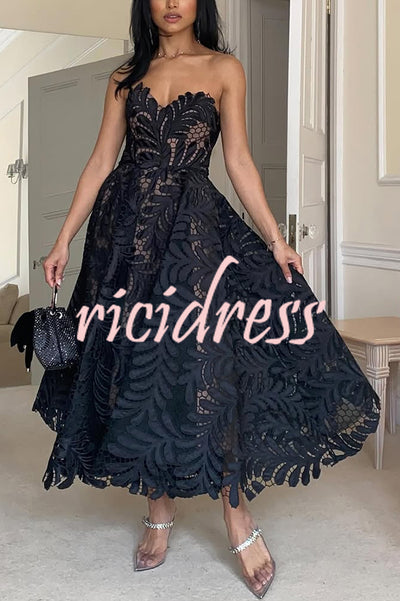 Elegant Openwork Lace Strapless Full-hem Midi Dress