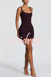 Cornelia Square Neck Back Lace-up Satin Drape Hem Mini Dress