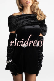 Stylish Velvet Off-shoulder Fitted Mini Dress and Fluffy Shawl, Velvet Gloves Three-piece Set