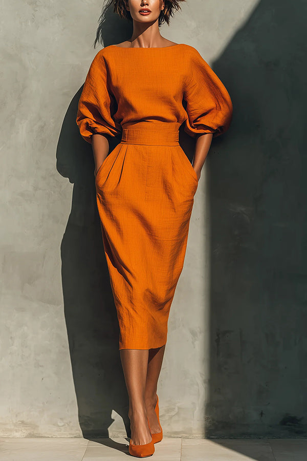 Linen Blend Round Neck Balloon Sleeve Top and High Waist Casual Pocket Midi Skirt Set