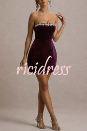 Effortlessly Elegant Velvet Jewel Embellished Trim Bandeau Mini Dress