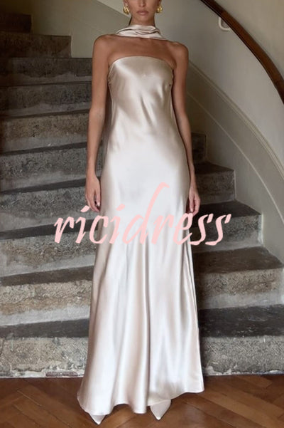 Satin Solid Color Elegant Strapless Slim Maxi Dress
