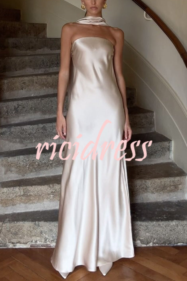 Satin Solid Color Elegant Strapless Slim Maxi Dress