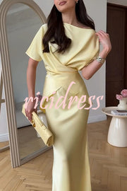 Secret of Elegance Satin Slit Back Lace-up Top and Elastic Waist Flare Maxi Skirt Set