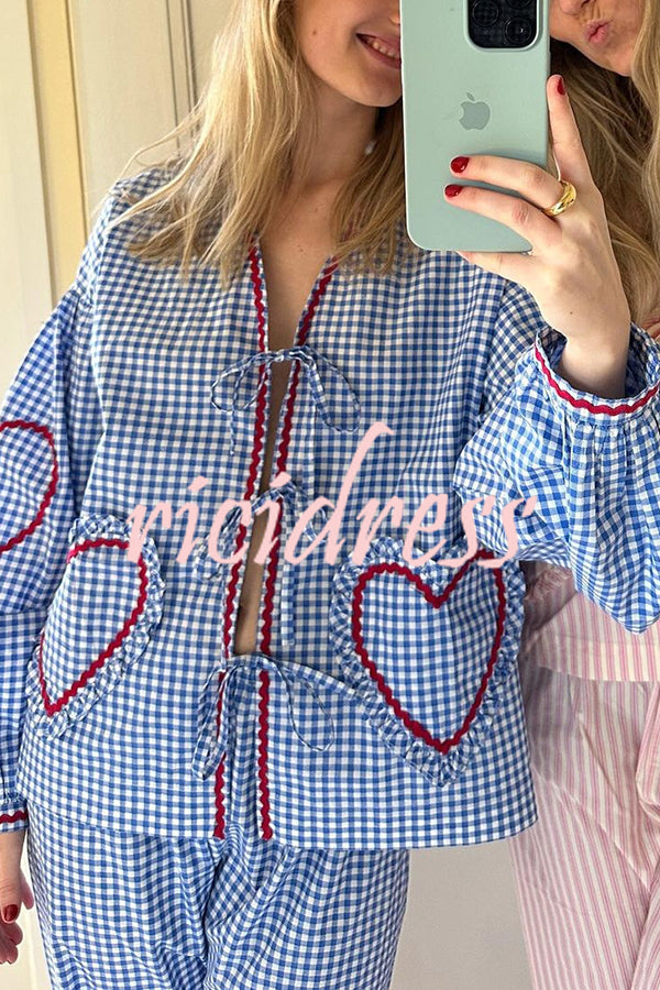 Lovely Plaid Heart Pattern Casual Lace-up Pocket Loose Shirt