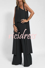 Modal One Shoulder Tank & Stretch Wide-leg Pants& Midi Vest Three Pieces Suit