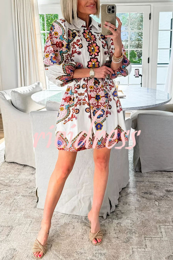 Fun and Vibrant Linen Blend Unique Print Puff Sleeve Pocketed Shirt Mini Dress