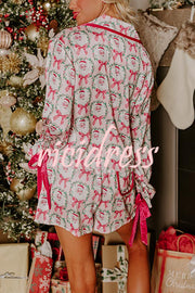 Christmas Dreaming Satin Santa Print Velvet Trim Elastic Waist Pocketed Pajama Shorts Set