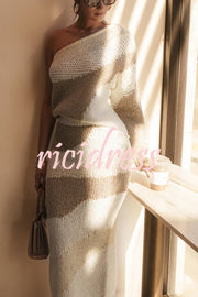 Soft Autumn Knit Colorblock High Rise Elastic Waistband Stretch Midi Skirt