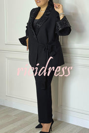 Social Time Embroidered Sequin Patchwork Tassel Belt Detail Lapel Party Blazer