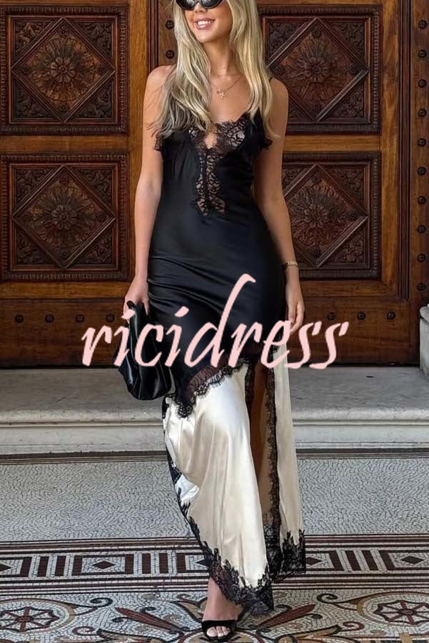 Soft and Romantic Satin Lace Trim Colorblock V-neck Side Slit Maxi Dress