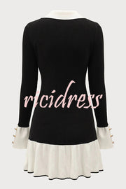 Stylish Color-blocked Long-sleeved Button-decorated Knitted Mini Dress