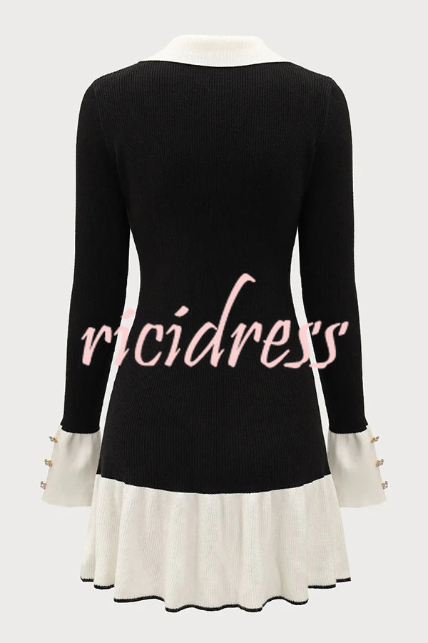 Stylish Color-blocked Long-sleeved Button-decorated Knitted Mini Dress