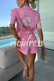 Favor Romance Floral Print Shoulder Pad T-shirt and Mini Skort Set