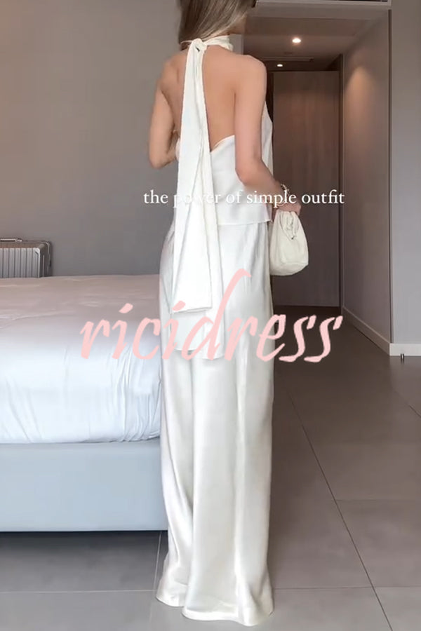 Modern Day Glam Satin Halter Tie-up Tank and Elastic Waist Wide Leg Pants Set