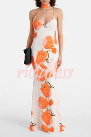 Charming Tulip Print Backless Crisscross Straps Flare Scarf Maxi Dress