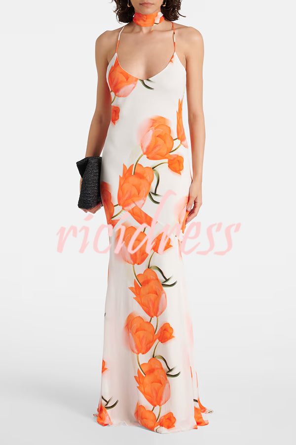 Charming Tulip Print Backless Crisscross Straps Flare Scarf Maxi Dress