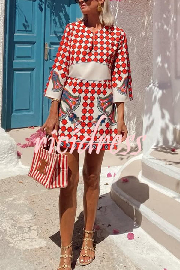 Unique Print V-Neck Loose Holiday Mini Dress