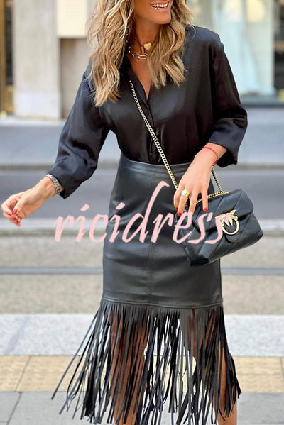 Haow Solid Color Fringed Paneled Leather Skirt