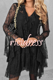 Feeling Lighthearted Lace Ruffle Neck Bell Sleeve Layered Hem A-line Mini Dress