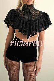 Avina Lace Bow Detail High Neck Cascading Ruffles Cropped Cape Top