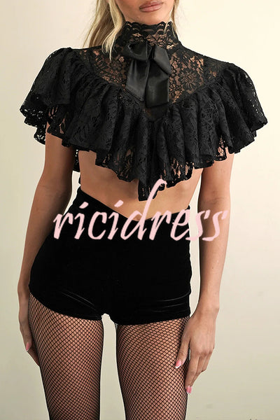 Avina Lace Bow Detail High Neck Cascading Ruffles Cropped Cape Top