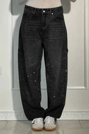 Fashionable Rhinestone Mid-rise Loose Pocket Straight Jeans