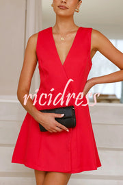 Solid Color Sleeveless V Neck Button Casual Mini Dress