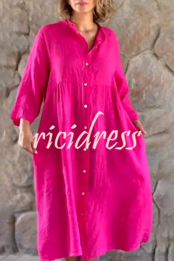 Mindful Cotton Blend Solid Color Button Casual Midi Dress