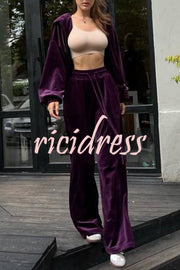 Velvet Zip Up Hooded Top and Drawstring Pants Two Piece Set