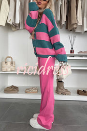 Fashion Contrast Striped Casual V-neck Long-sleeved Knitted Cardigan