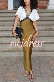 Fashionable Contrast Color V-neck Lace Stitching Maxi Dress