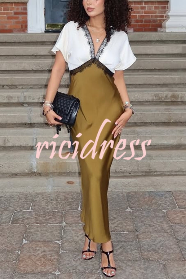 Fashionable Contrast Color V-neck Lace Stitching Maxi Dress