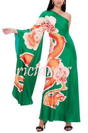 Elegance and Grace Satin Dragon Print One Shoulder Drape Sleeve Maxi Dress