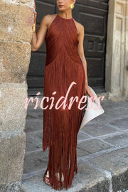 Fashion Sleeveless Halter Neck Elegant Tassel Slim Maxi Dress