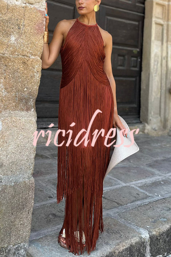 Fashion Sleeveless Halter Neck Elegant Tassel Slim Maxi Dress
