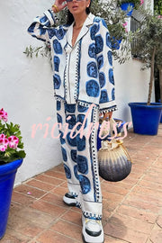 Unique Print Lapel Long Sleeve Shirt and Elastic Waist Wide Leg Pants Set