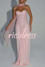 Carina Sequined and Satin Jersey Off Shoulder Ruched Knot Drape Maxi Dress