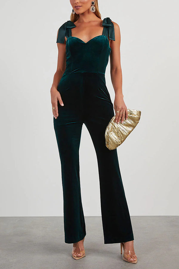 Merlot Sippin' Velvet Shoulder Tie Flare Stretch Jumpsuit