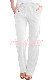 Soft Breathable Solid Color Drawstring Elastic Waist Long Straight Pants