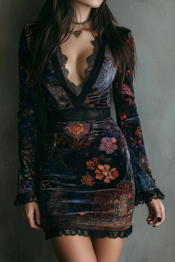 Elegant Velvet Floral Print V-neck Long-sleeved Slim-fit Mini Dress