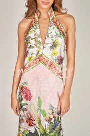 Botanical Print Sexy Sleeveless Open Back Maxi Dress